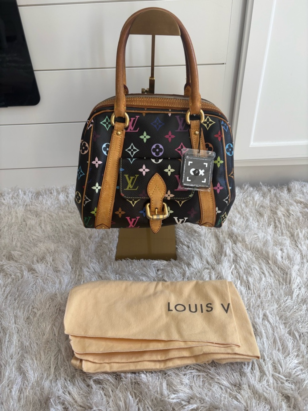 Louis Vuitton Black Multicolor Monogram Satchel with Tan Leather Trim